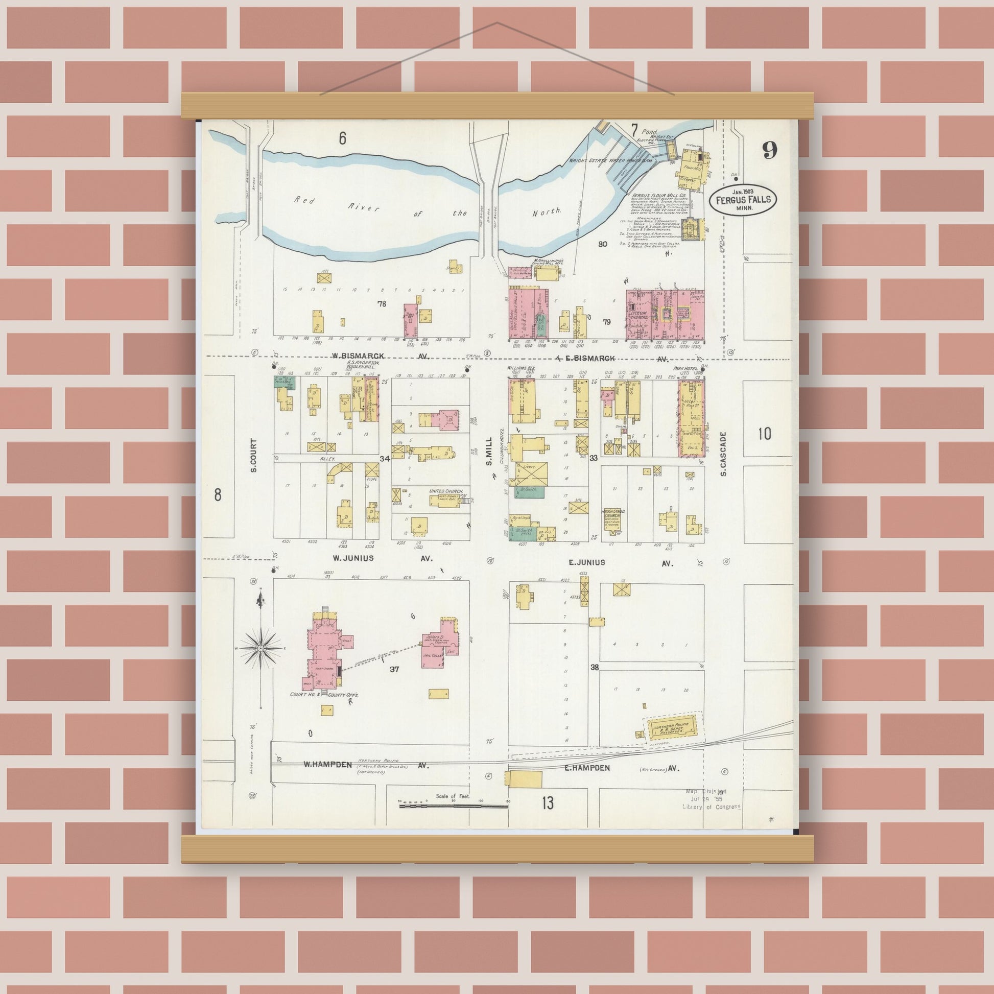 Old map wall art mockup — magnetic wood frame on brick wall — Sanborn Fire Insurance Map from Fergus Falls, Otter Tail County, Minnesota (1903), Sheet #0009
