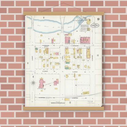 Old map wall art mockup — magnetic wood frame on brick wall — Sanborn Fire Insurance Map from Fergus Falls, Otter Tail County, Minnesota (1903), Sheet #0009