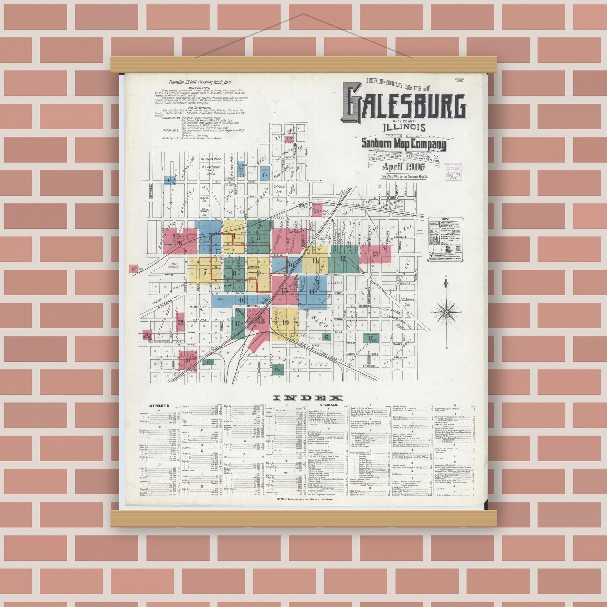 Old map wall art mockup — magnetic wood frame on brick wall — Sanborn Fire Insurance Map from Galesburg, Knox County, Illinois (1906), Sheet #0001