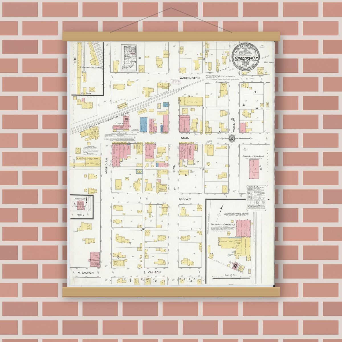 Old map wall art mockup — magnetic wood frame on brick wall — Sanborn Fire Insurance Map from Sharpsville, Tipton County, Indiana (1915), Sheet #0001