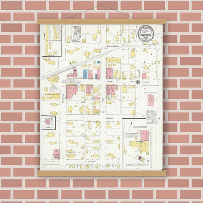 Old map wall art mockup — magnetic wood frame on brick wall — Sanborn Fire Insurance Map from Sharpsville, Tipton County, Indiana (1915), Sheet #0001