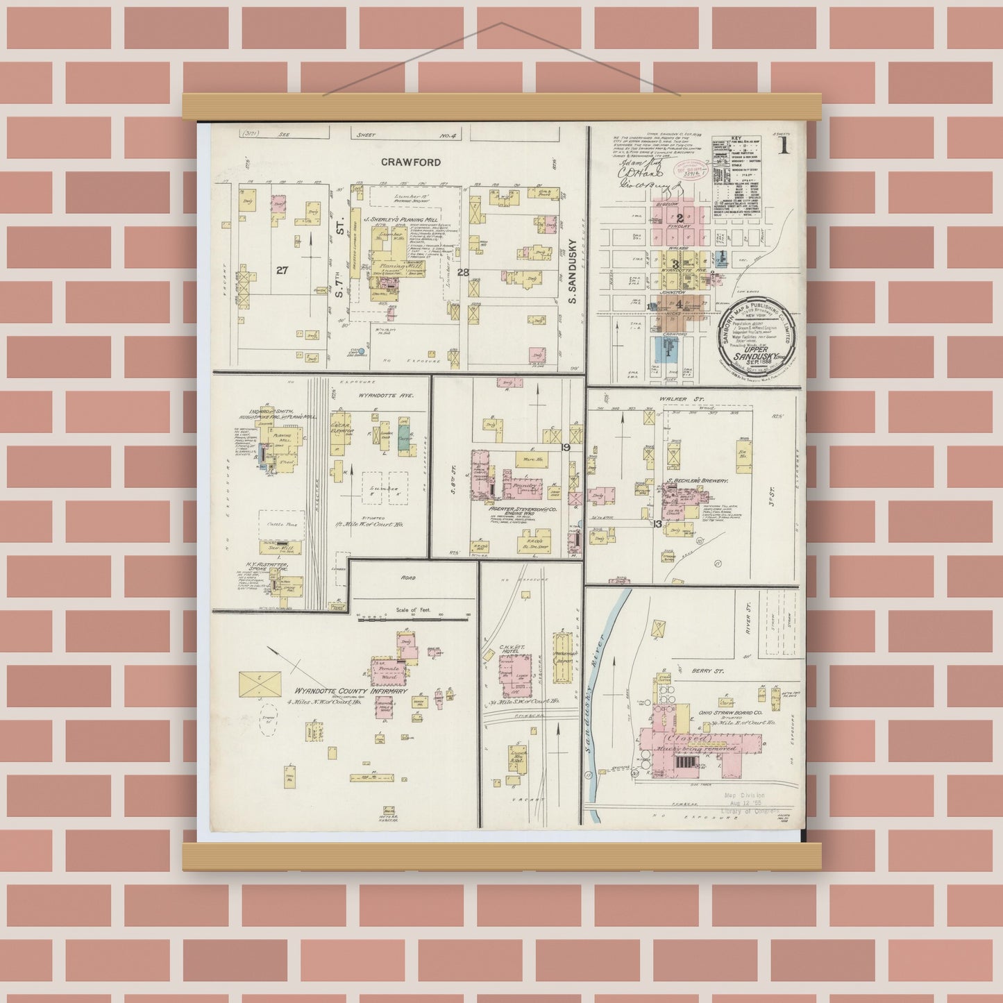 Old map wall art mockup — magnetic wood frame on brick wall — Sanborn Fire Insurance Map from Upper Sandusky, Wyandot County, Ohio (1888), Sheet #0001