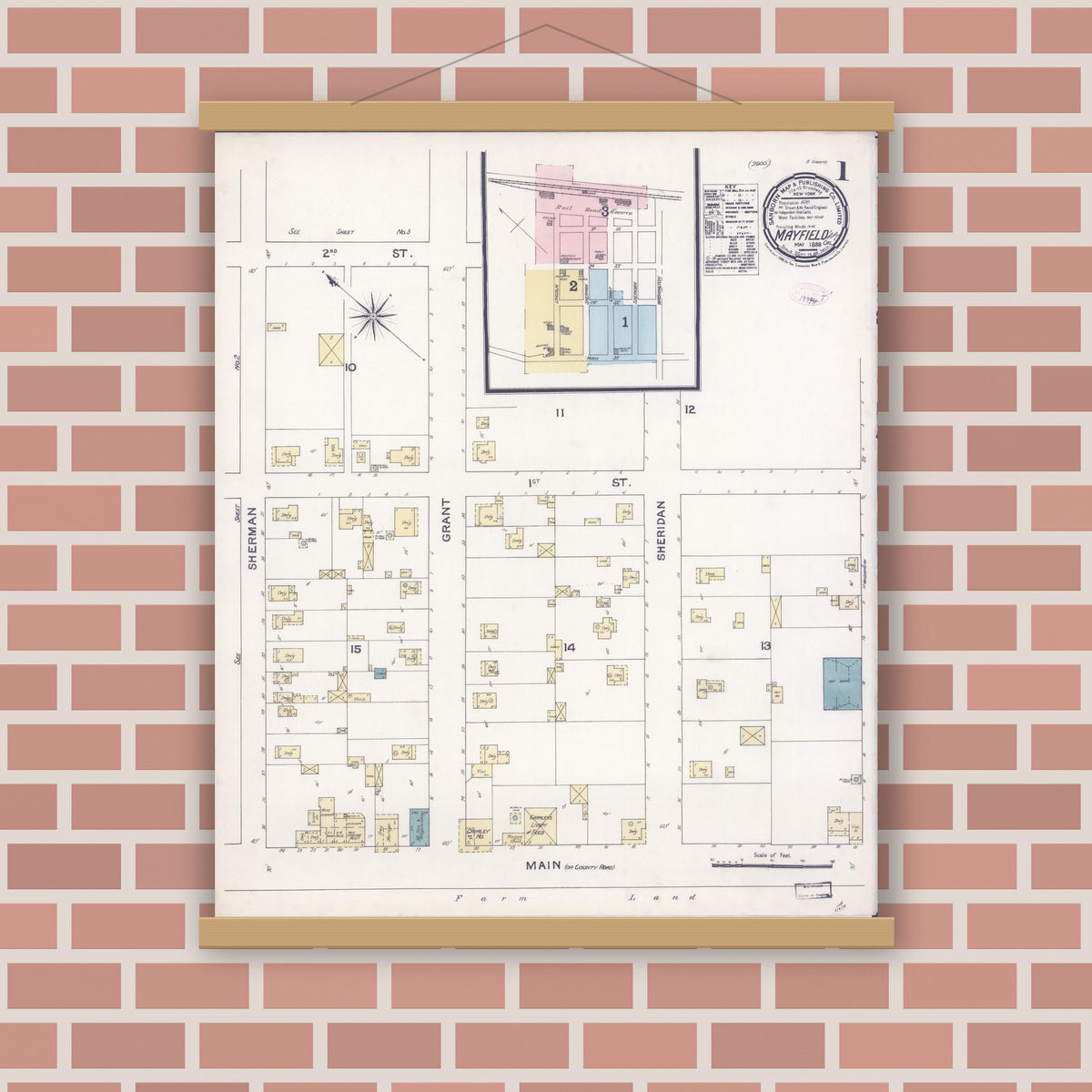 Old map wall art mockup — magnetic wood frame on brick wall — Sanborn Fire Insurance Map from Mayfield, Santa Clara County, California (1888) - Complete Map Set