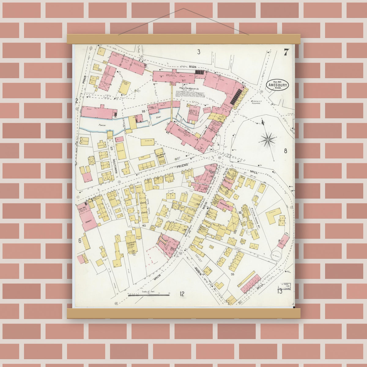 Old map wall art mockup — magnetic wood frame on brick wall — Sanborn Fire Insurance Map from Amesbury, Essex County, Massachusetts (1904), Sheet #0007