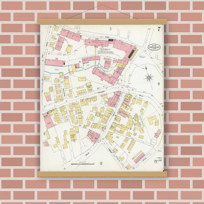 Old map wall art mockup — magnetic wood frame on brick wall — Sanborn Fire Insurance Map from Amesbury, Essex County, Massachusetts (1904), Sheet #0007
