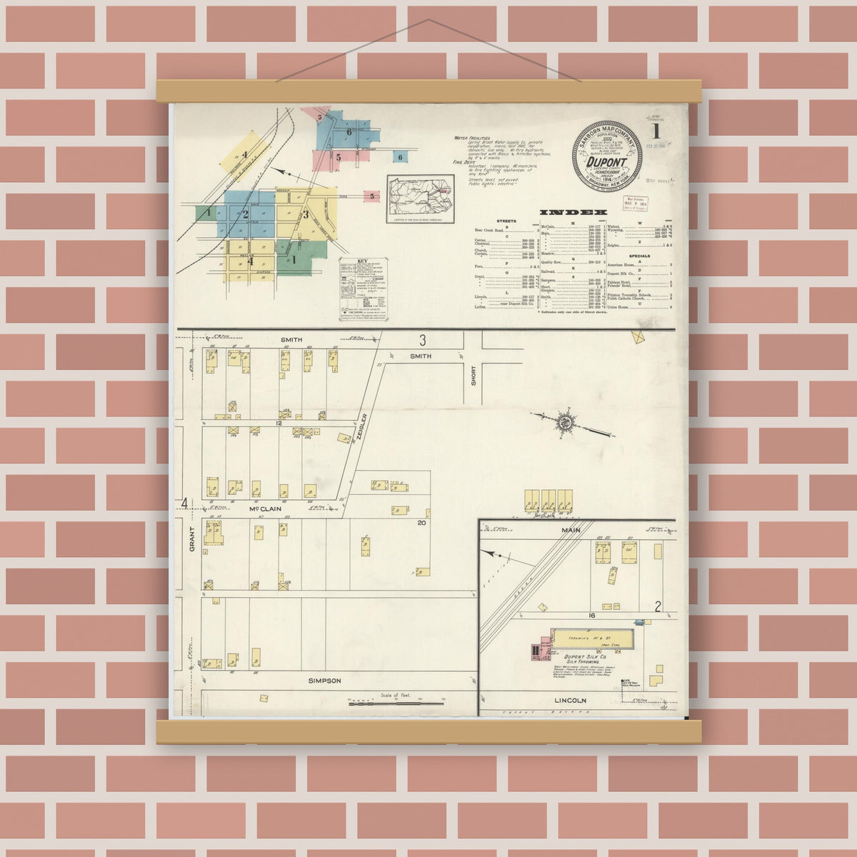 Old map wall art mockup — magnetic wood frame on brick wall — Sanborn Fire Insurance Map from Dupont, Luzerne County, Pennsylvania (1914) - Complete Map Set