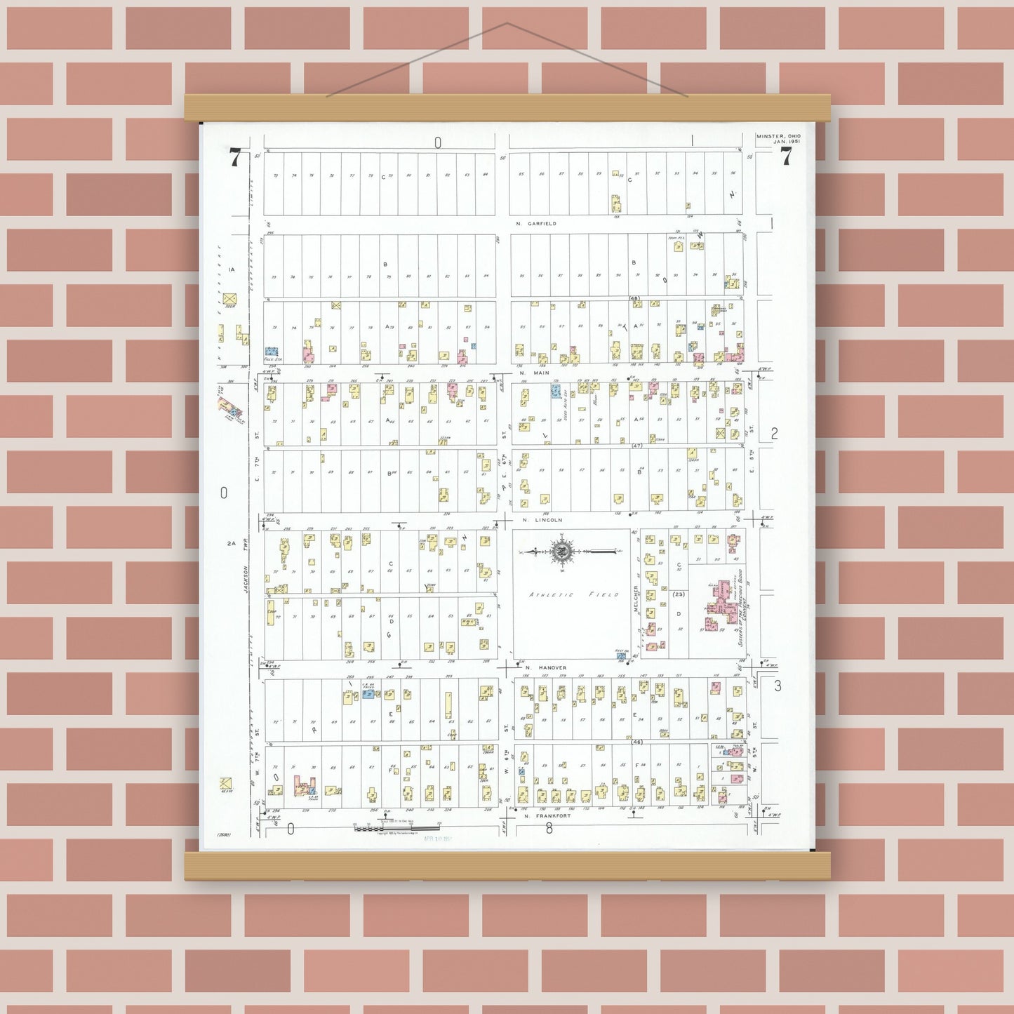 Old map wall art mockup — magnetic wood frame on brick wall — Sanborn Fire Insurance Map from Minster, Auglaize County, Ohio (1951), Sheet #0007