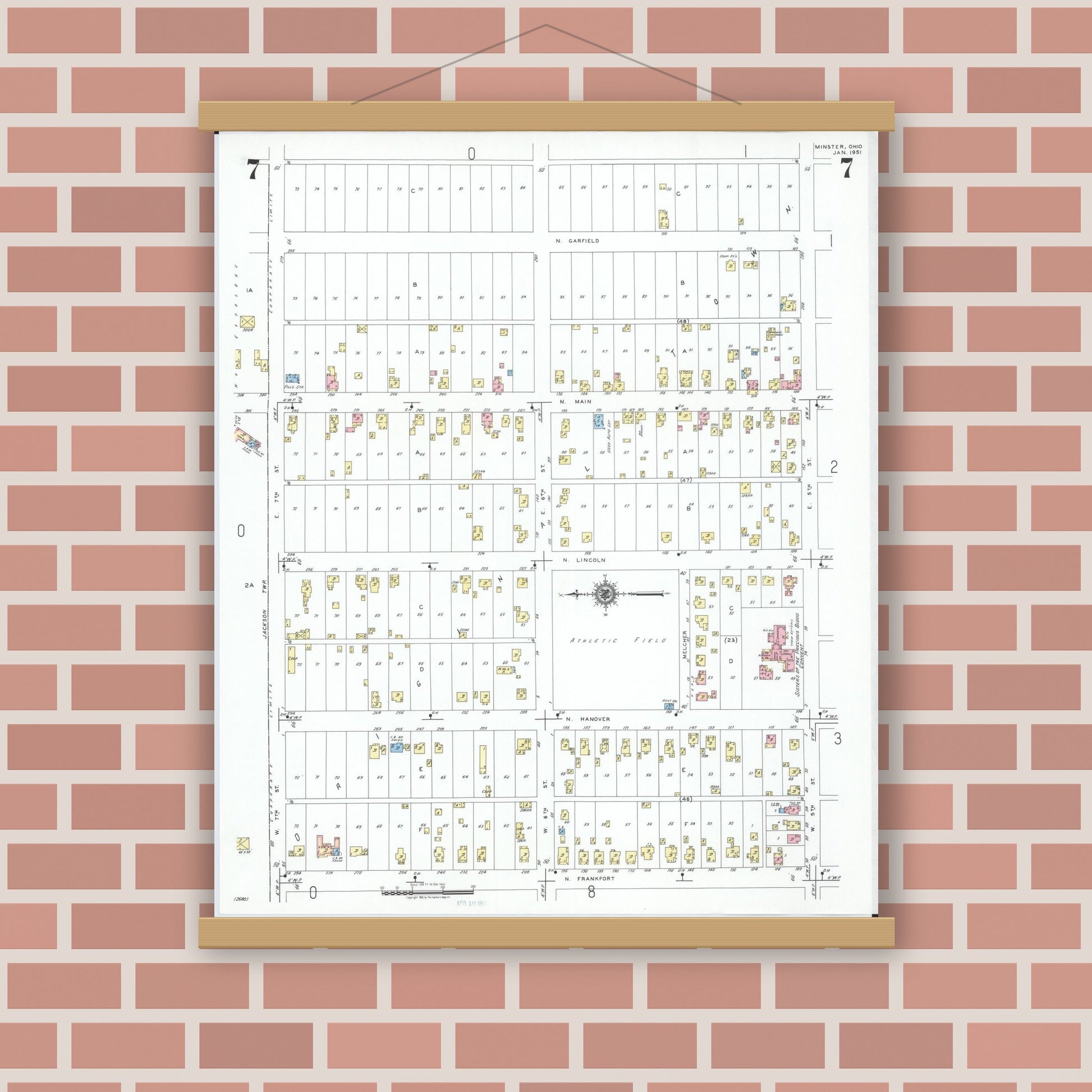 Old map wall art mockup — magnetic wood frame on brick wall — Sanborn Fire Insurance Map from Minster, Auglaize County, Ohio (1951), Sheet #0007