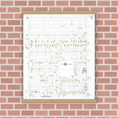 Old map wall art mockup — magnetic wood frame on brick wall — Sanborn Fire Insurance Map from Minster, Auglaize County, Ohio (1951), Sheet #0007