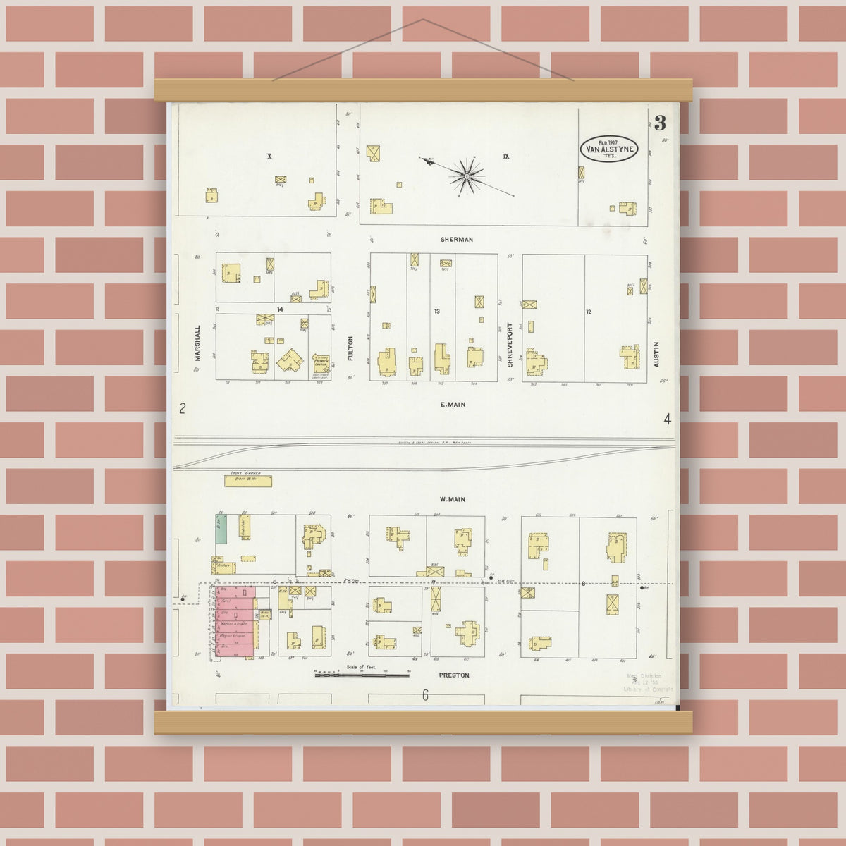 Old map wall art mockup — magnetic wood frame on brick wall — Sanborn Fire Insurance Map from Van Alstyne, Grayson County, Texas (1907), Sheet #0003
