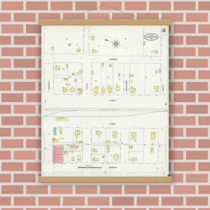 Old map wall art mockup — magnetic wood frame on brick wall — Sanborn Fire Insurance Map from Van Alstyne, Grayson County, Texas (1907), Sheet #0003
