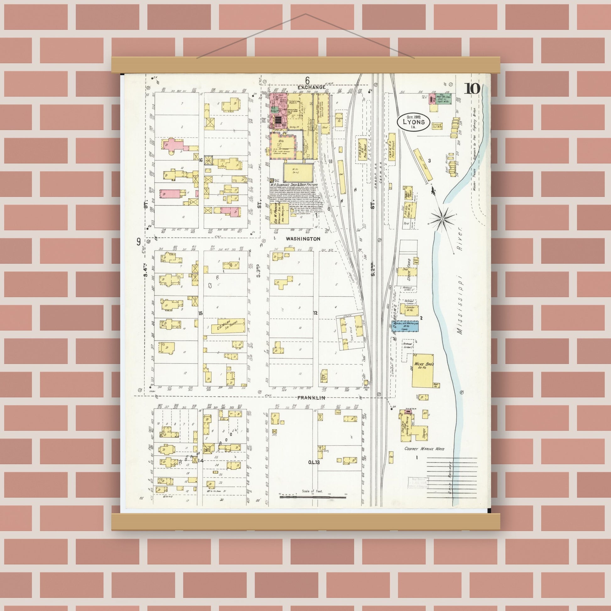 Old map wall art mockup — magnetic wood frame on brick wall — Sanborn Fire Insurance Map from Lyons, Clinton County, Iowa (1902), Sheet #0010