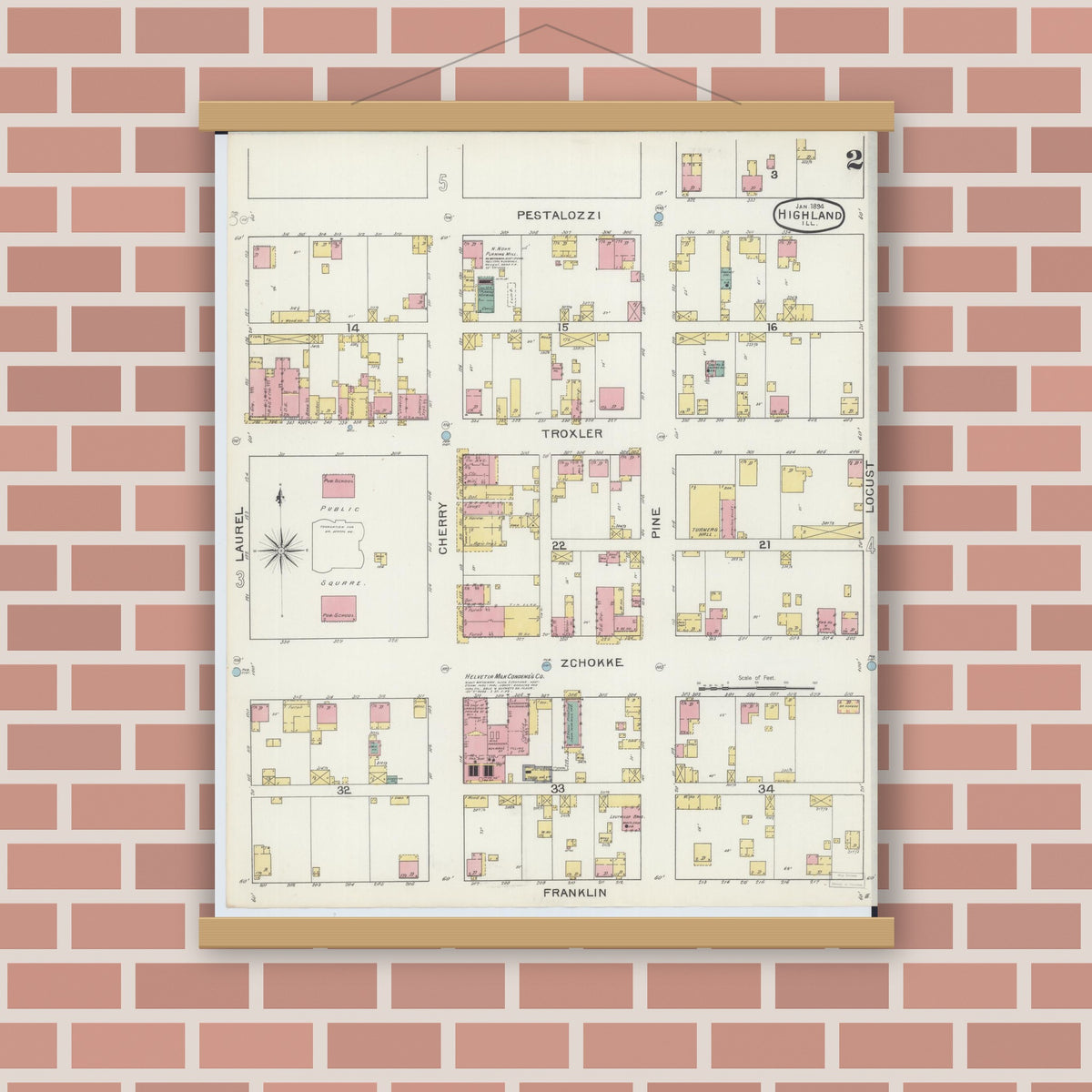 Old map wall art mockup — magnetic wood frame on brick wall — Sanborn Fire Insurance Map from Highland, Madison County, Illinois (1894), Sheet #0002