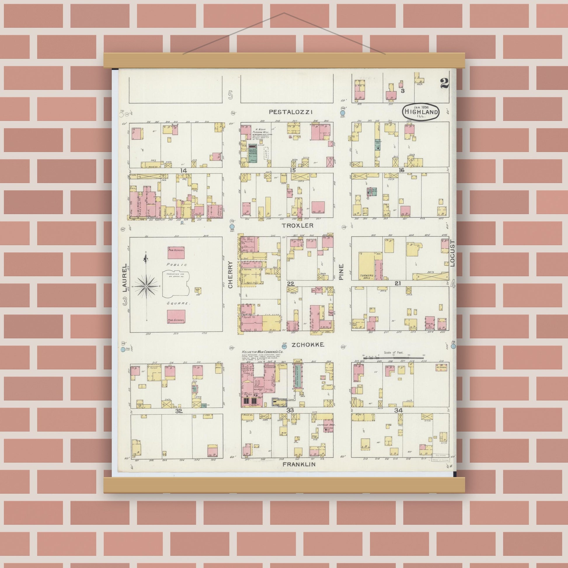 Old map wall art mockup — magnetic wood frame on brick wall — Sanborn Fire Insurance Map from Highland, Madison County, Illinois (1894), Sheet #0002