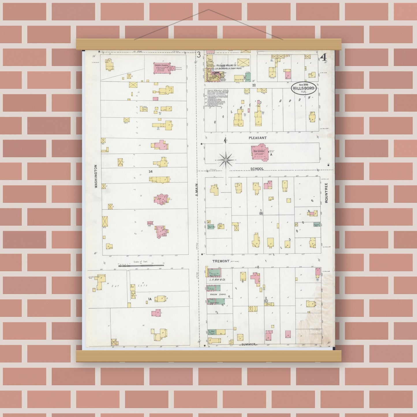 Old map wall art mockup — magnetic wood frame on brick wall — Sanborn Fire Insurance Map from Hillsboro, Montgomery County, Illinois (1899), Sheet #0004