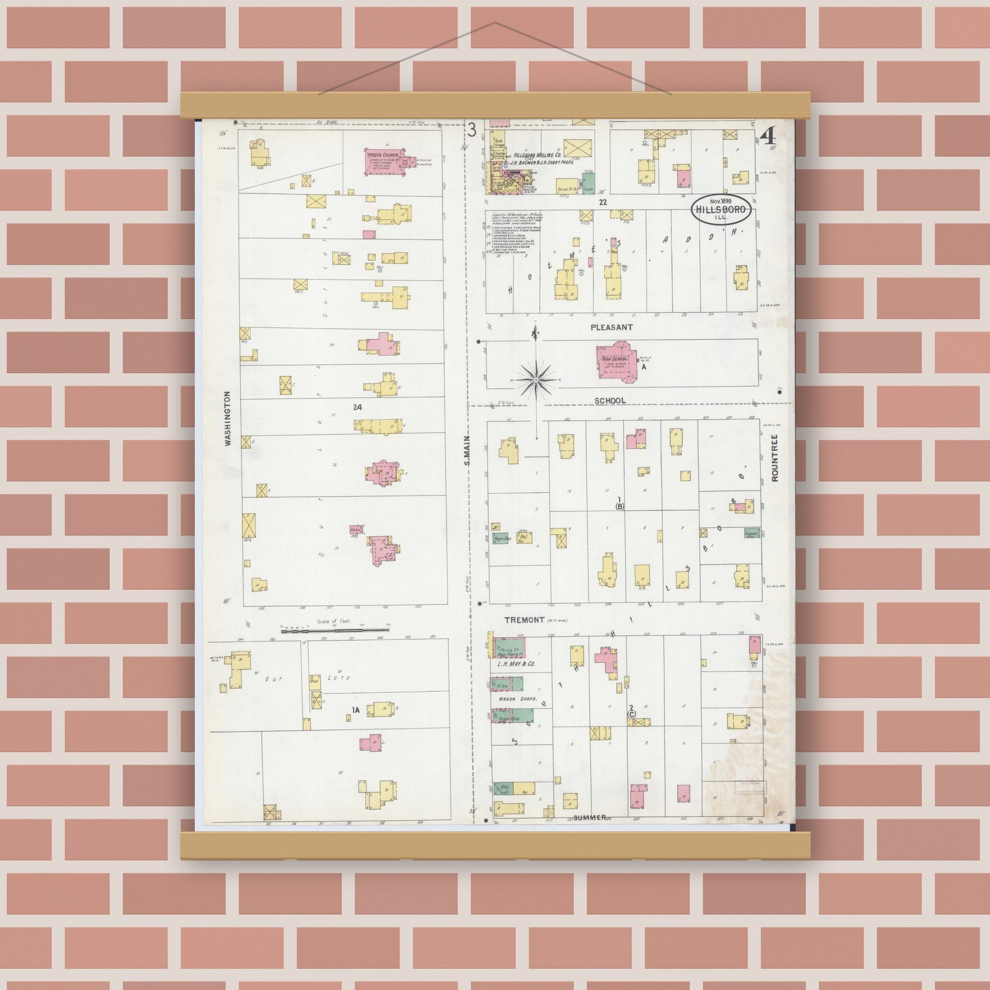 Old map wall art mockup — magnetic wood frame on brick wall — Sanborn Fire Insurance Map from Hillsboro, Montgomery County, Illinois (1899), Sheet #0004