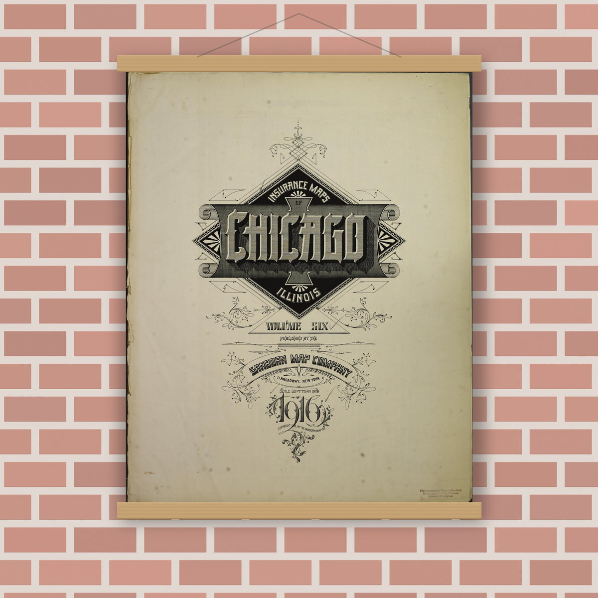 Old map wall art mockup — magnetic wood frame on brick wall — Sanborn Fire Insurance Map from Chicago, Cook County, Illinois (1916), Sheet #0001