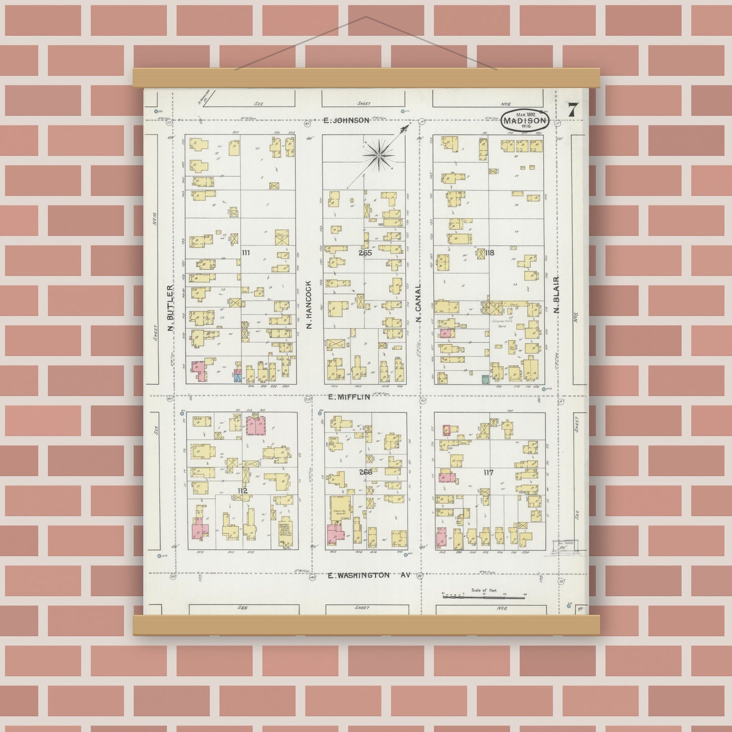 Old map wall art mockup — magnetic wood frame on brick wall — Sanborn Fire Insurance Map from Madison, Dane County, Wisconsin (1892), Sheet #0007