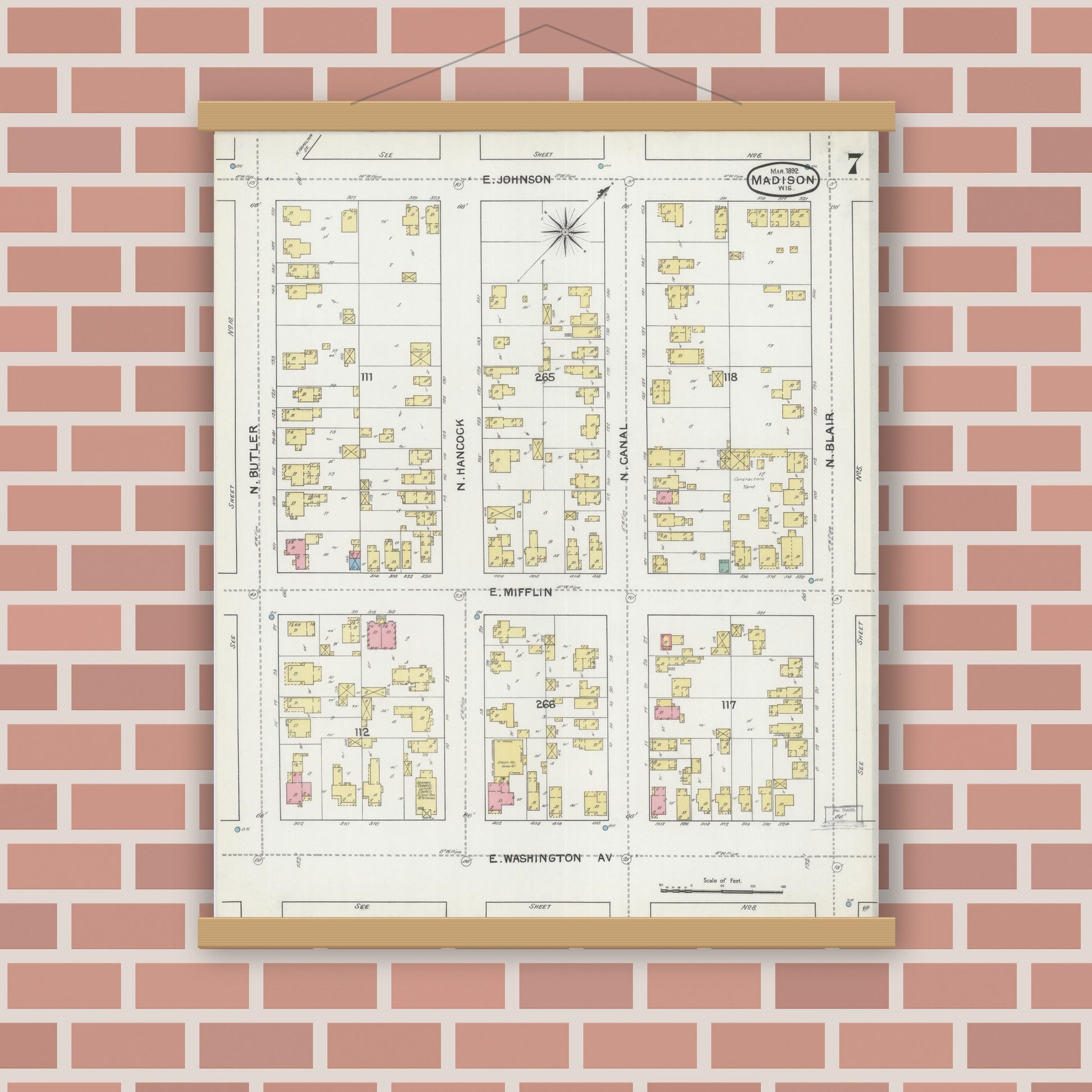 Old map wall art mockup — magnetic wood frame on brick wall — Sanborn Fire Insurance Map from Madison, Dane County, Wisconsin (1892), Sheet #0007