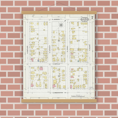 Old map wall art mockup — magnetic wood frame on brick wall — Sanborn Fire Insurance Map from Madison, Dane County, Wisconsin (1892), Sheet #0007