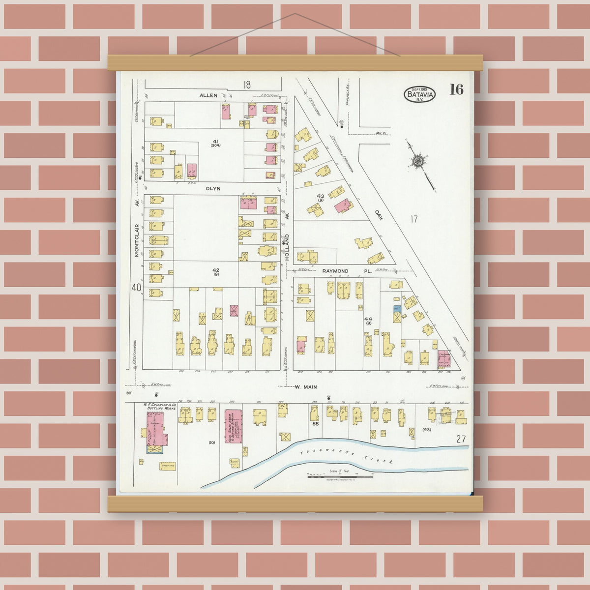 Old map wall art mockup — magnetic wood frame on brick wall — Sanborn Fire Insurance Map from Batavia, Genesee County, New York (1919), Sheet #0016