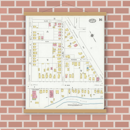 Old map wall art mockup — magnetic wood frame on brick wall — Sanborn Fire Insurance Map from Batavia, Genesee County, New York (1919), Sheet #0016