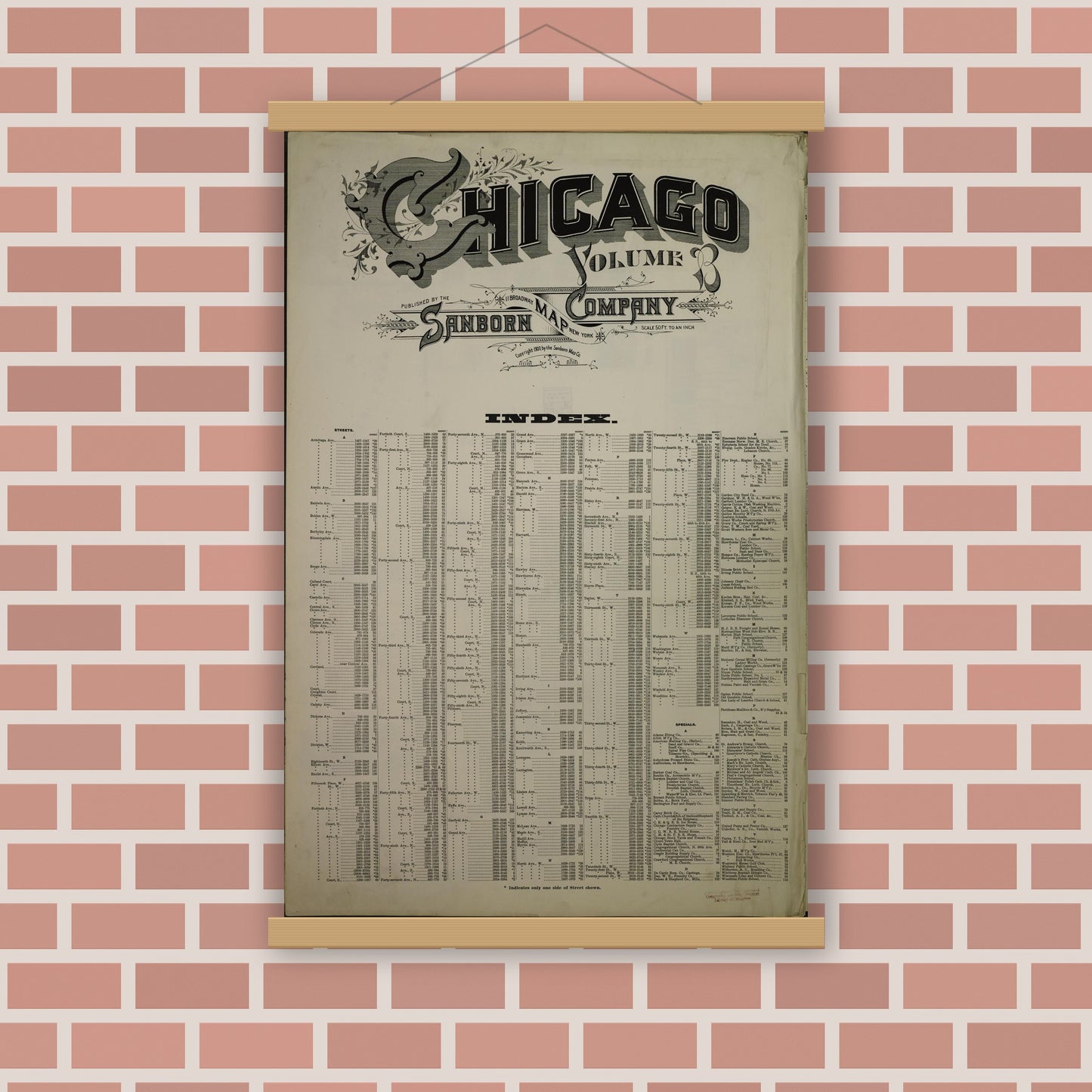 Old map wall art mockup — magnetic wood frame on brick wall — Sanborn Fire Insurance Map from Chicago, Cook County, Illinois (1909), Sheet #0001