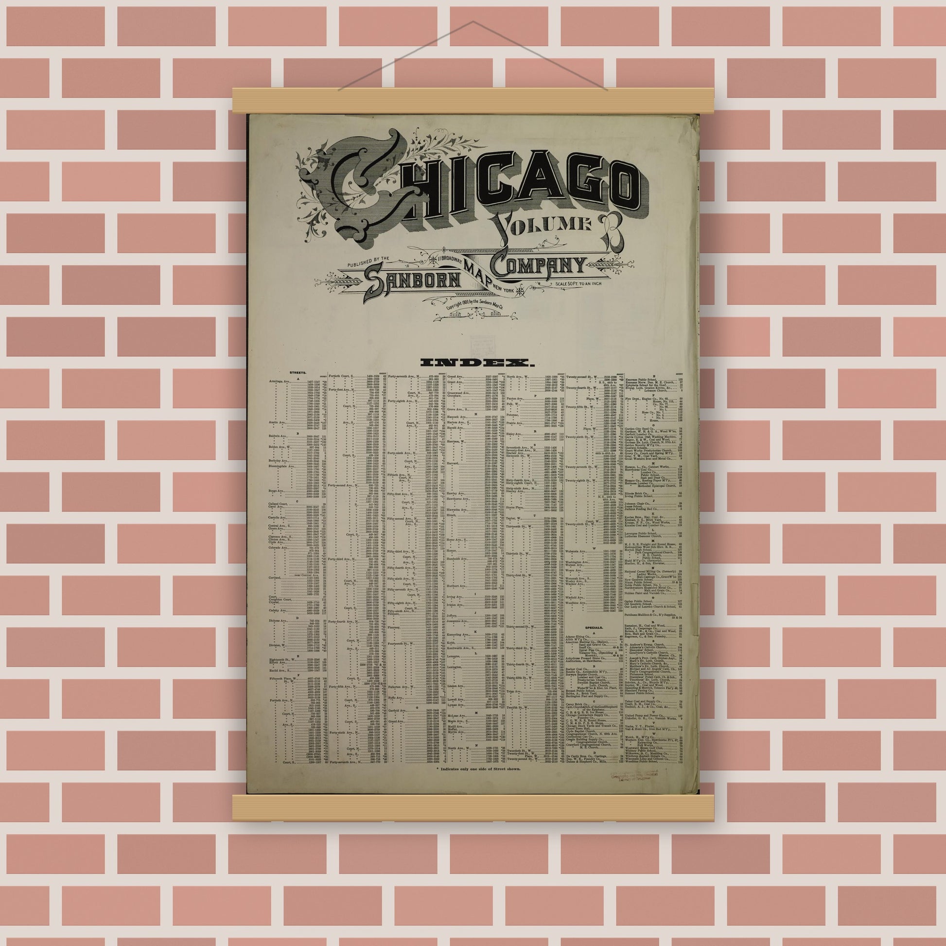 Old map wall art mockup — magnetic wood frame on brick wall — Sanborn Fire Insurance Map from Chicago, Cook County, Illinois (1909), Sheet #0001