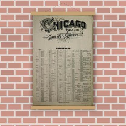 Old map wall art mockup — magnetic wood frame on brick wall — Sanborn Fire Insurance Map from Chicago, Cook County, Illinois (1909), Sheet #0001