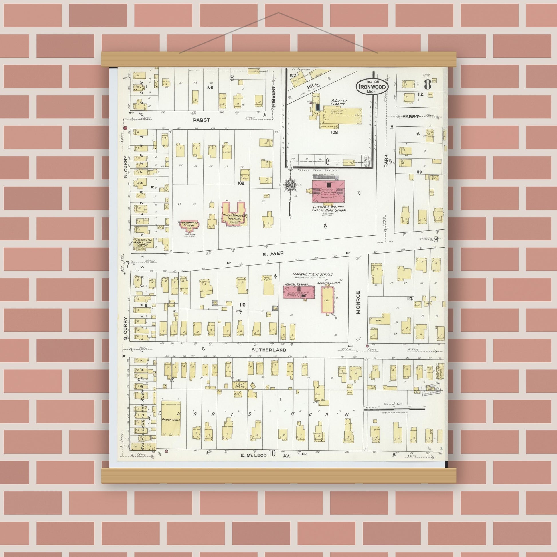 Old map wall art mockup — magnetic wood frame on brick wall — Sanborn Fire Insurance Map from Ironwood, Gogebic County, Michigan (1921), Sheet #0008