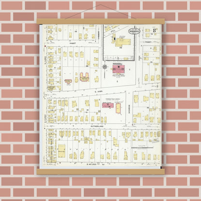 Old map wall art mockup — magnetic wood frame on brick wall — Sanborn Fire Insurance Map from Ironwood, Gogebic County, Michigan (1921), Sheet #0008