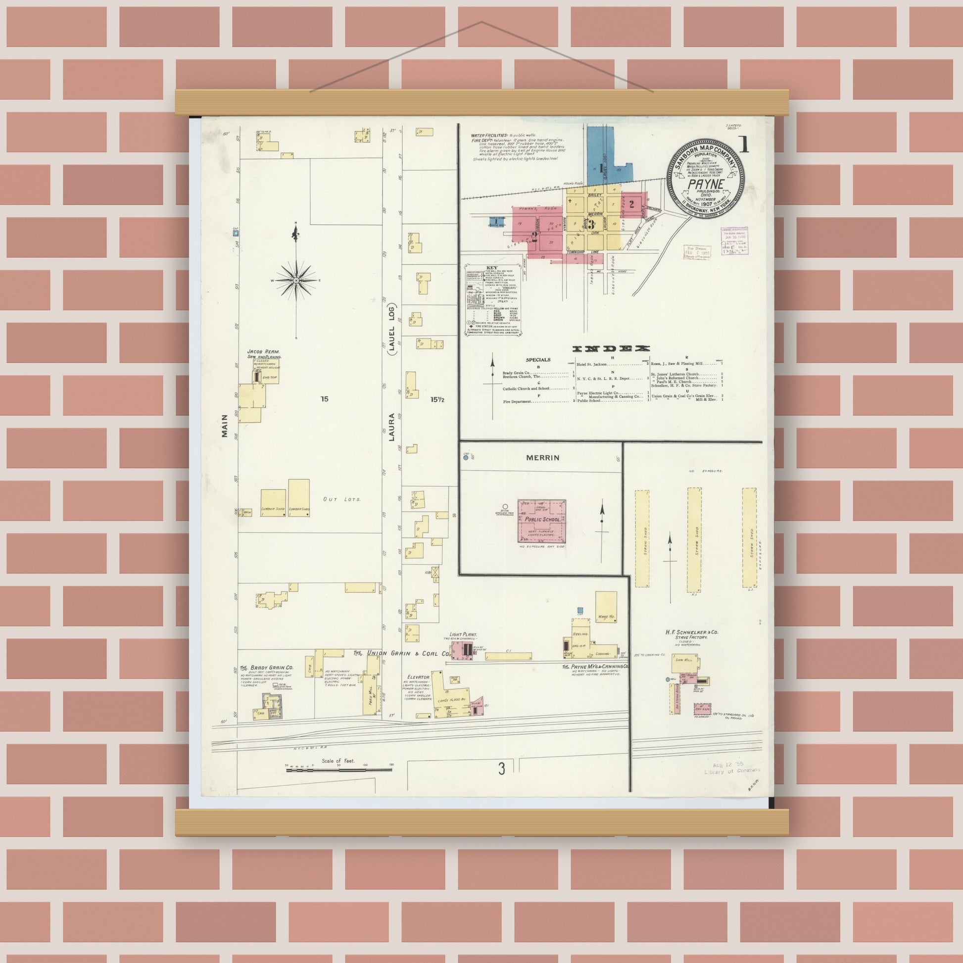Old map wall art mockup — magnetic wood frame on brick wall — Sanborn Fire Insurance Map from Payne, Paulding County, Ohio (1907), Sheet #0001