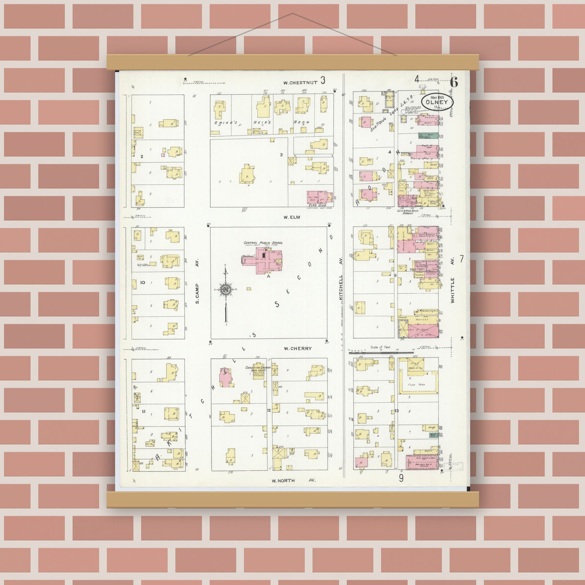 Old map wall art mockup — magnetic wood frame on brick wall — Sanborn Fire Insurance Map from Olney, Richland County, Illinois (1910), Sheet #0006