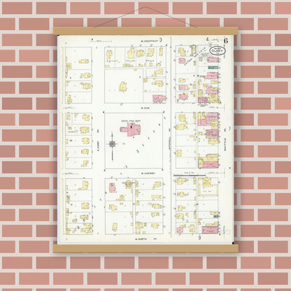 Old map wall art mockup — magnetic wood frame on brick wall — Sanborn Fire Insurance Map from Olney, Richland County, Illinois (1910), Sheet #0006