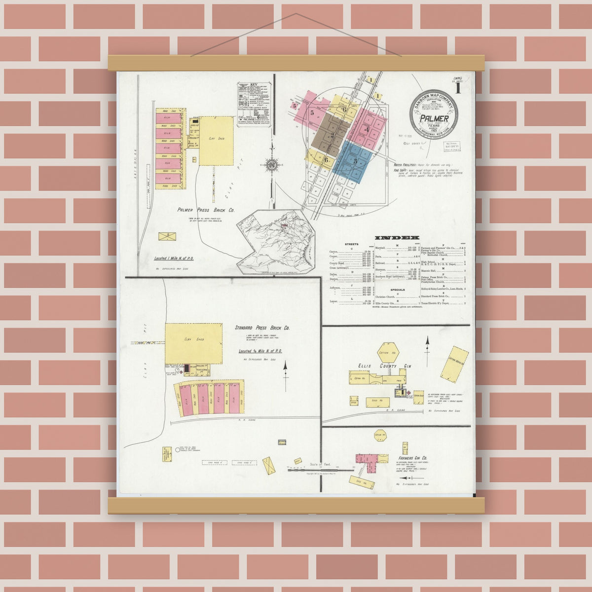 Old map wall art mockup — magnetic wood frame on brick wall — Sanborn Fire Insurance Map from Palmer, Ellis County, Texas (1921), Sheet #0001