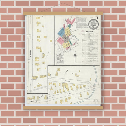 Old map wall art mockup — magnetic wood frame on brick wall — Sanborn Fire Insurance Map from Geneva, Ashtabula County, Ohio (1911), Sheet #0001