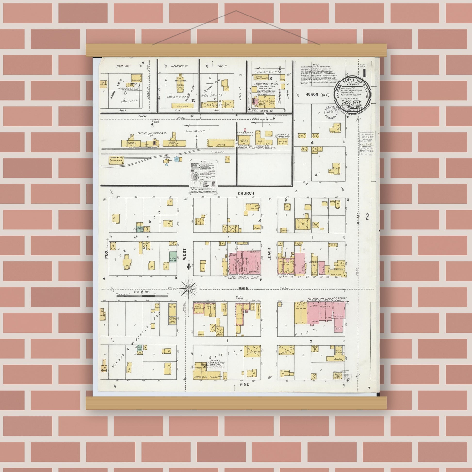 Old map wall art mockup — magnetic wood frame on brick wall — Sanborn Fire Insurance Map from Cass City, Tuscola County, Michigan (1900) - Complete Map Set