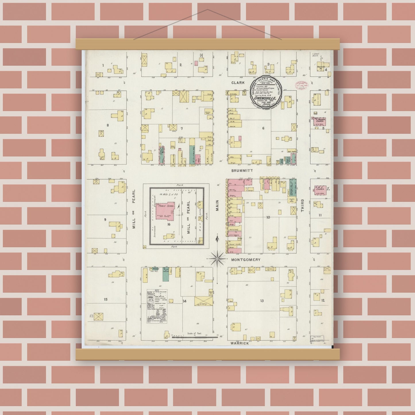 Old map wall art mockup — magnetic wood frame on brick wall — Sanborn Fire Insurance Map from Owensville, Gibson County, Indiana (1895), Sheet #0001