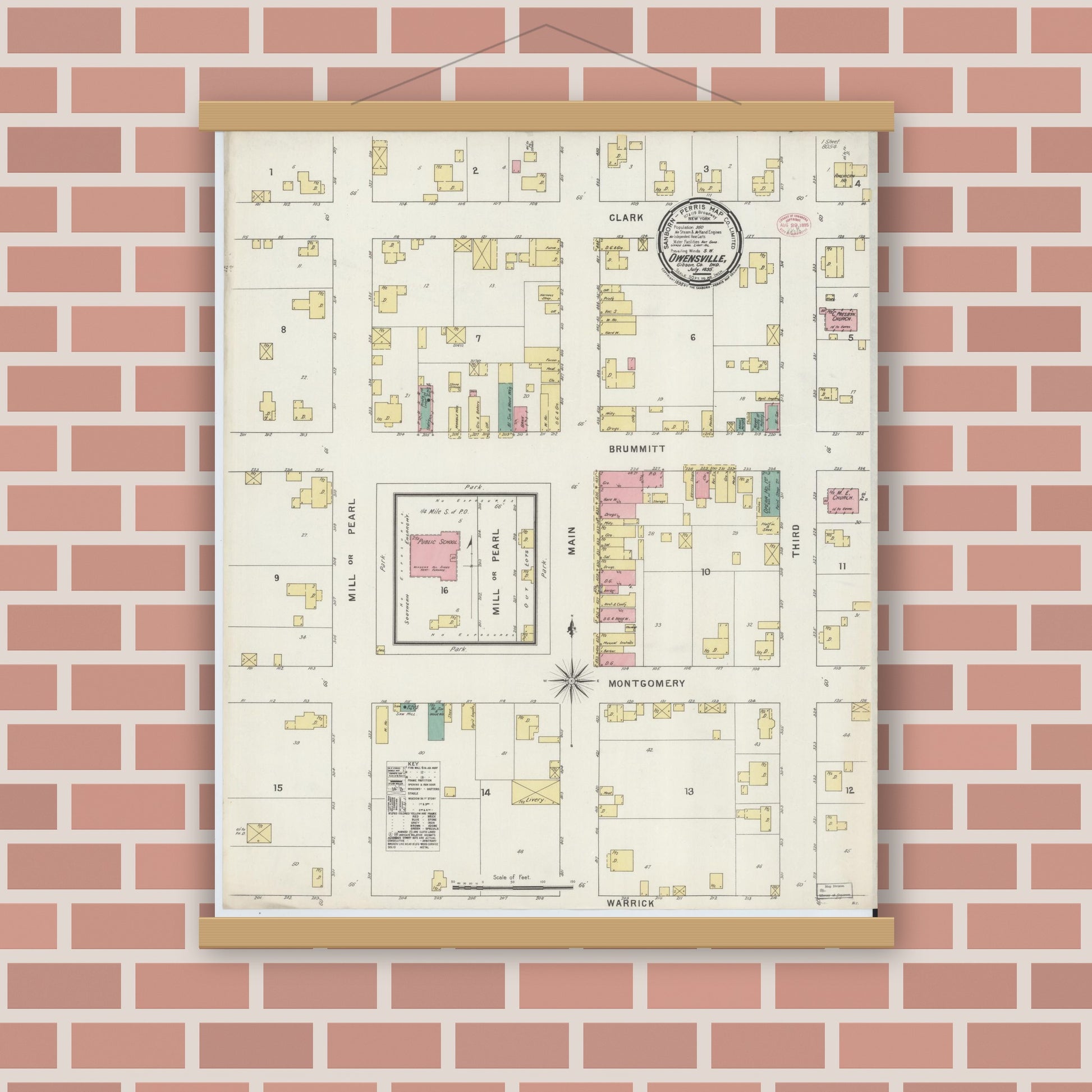 Old map wall art mockup — magnetic wood frame on brick wall — Sanborn Fire Insurance Map from Owensville, Gibson County, Indiana (1895), Sheet #0001