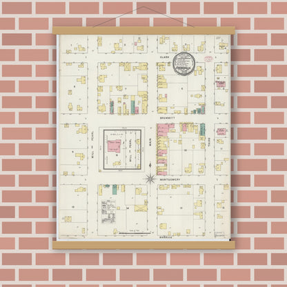 Old map wall art mockup — magnetic wood frame on brick wall — Sanborn Fire Insurance Map from Owensville, Gibson County, Indiana (1895), Sheet #0001
