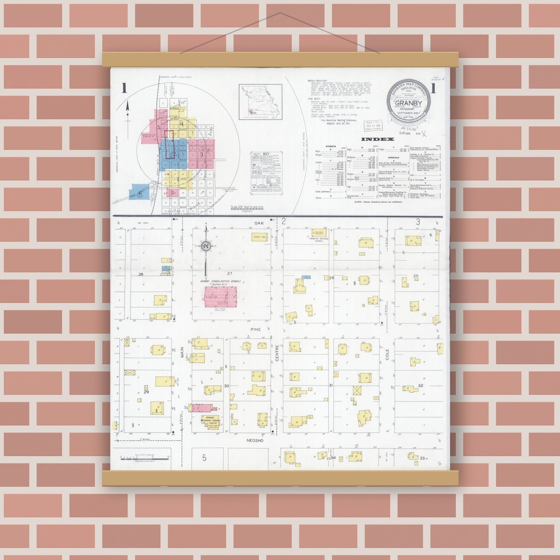 Old map wall art mockup — magnetic wood frame on brick wall — Sanborn Fire Insurance Map from Granby, Newton County, Missouri (1930), Sheet #0001