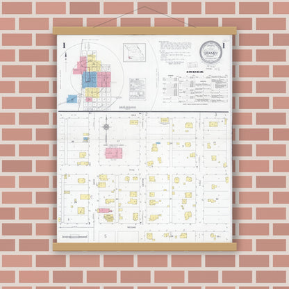 Old map wall art mockup — magnetic wood frame on brick wall — Sanborn Fire Insurance Map from Granby, Newton County, Missouri (1930), Sheet #0001