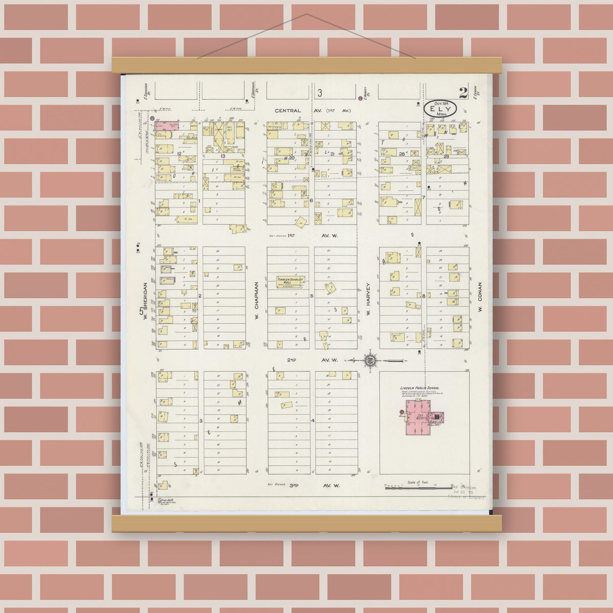Old map wall art mockup — magnetic wood frame on brick wall — Sanborn Fire Insurance Map from Ely, Saint Louis County, Minnesota (1914), Sheet #0002