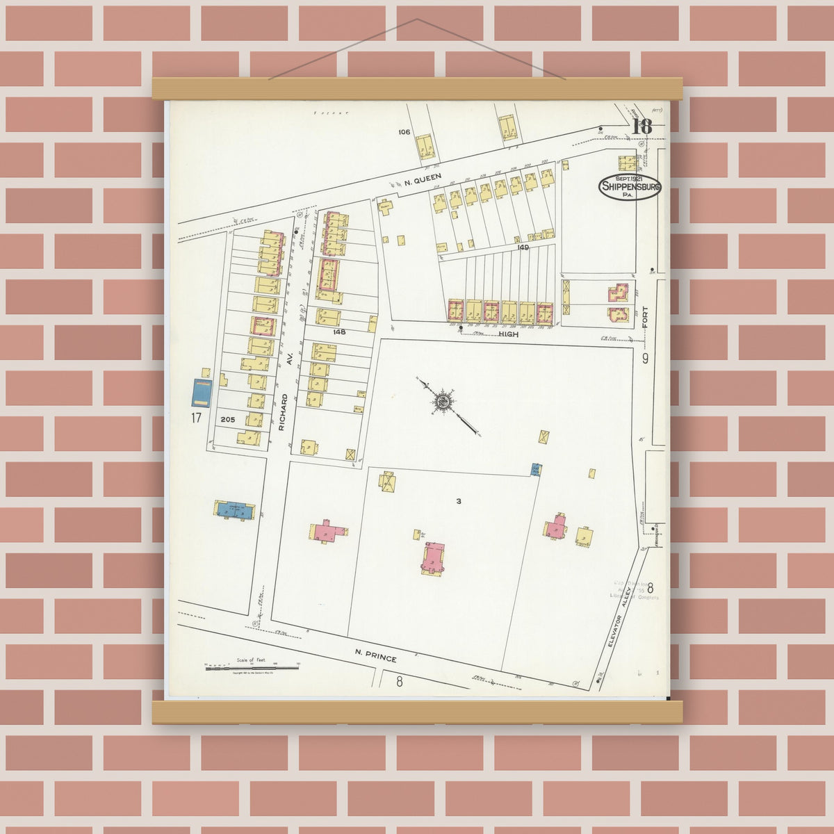 Old map wall art mockup — magnetic wood frame on brick wall — Sanborn Fire Insurance Map from Shippensburg, Cumberland And Franklin Counties, Pennsylvania (1921), Sheet #0018
