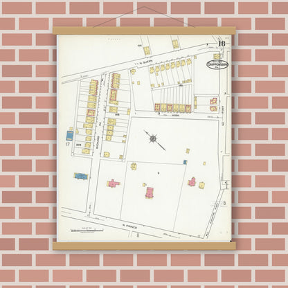 Old map wall art mockup — magnetic wood frame on brick wall — Sanborn Fire Insurance Map from Shippensburg, Cumberland And Franklin Counties, Pennsylvania (1921), Sheet #0018
