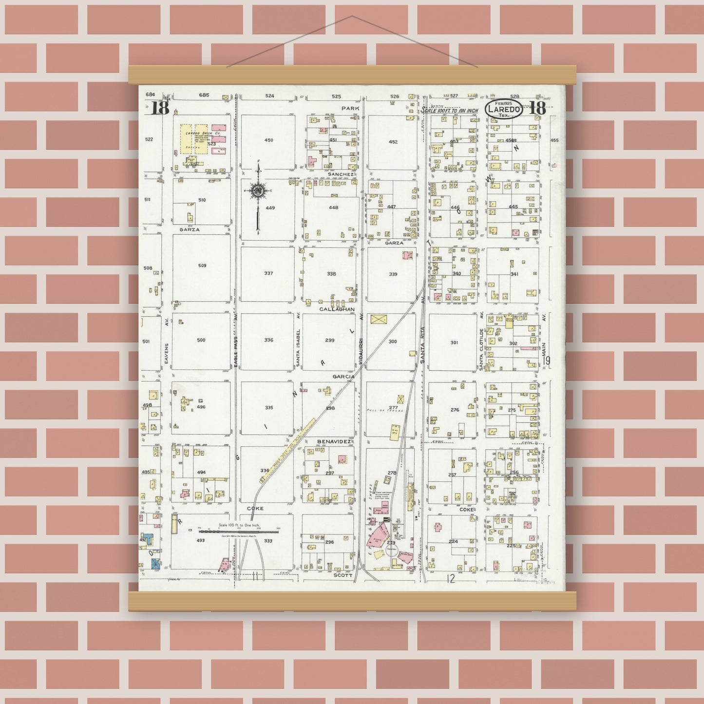 Old map wall art mockup — magnetic wood frame on brick wall — Sanborn Fire Insurance Map from Laredo, Webb County, Texas (1925), Sheet #0018