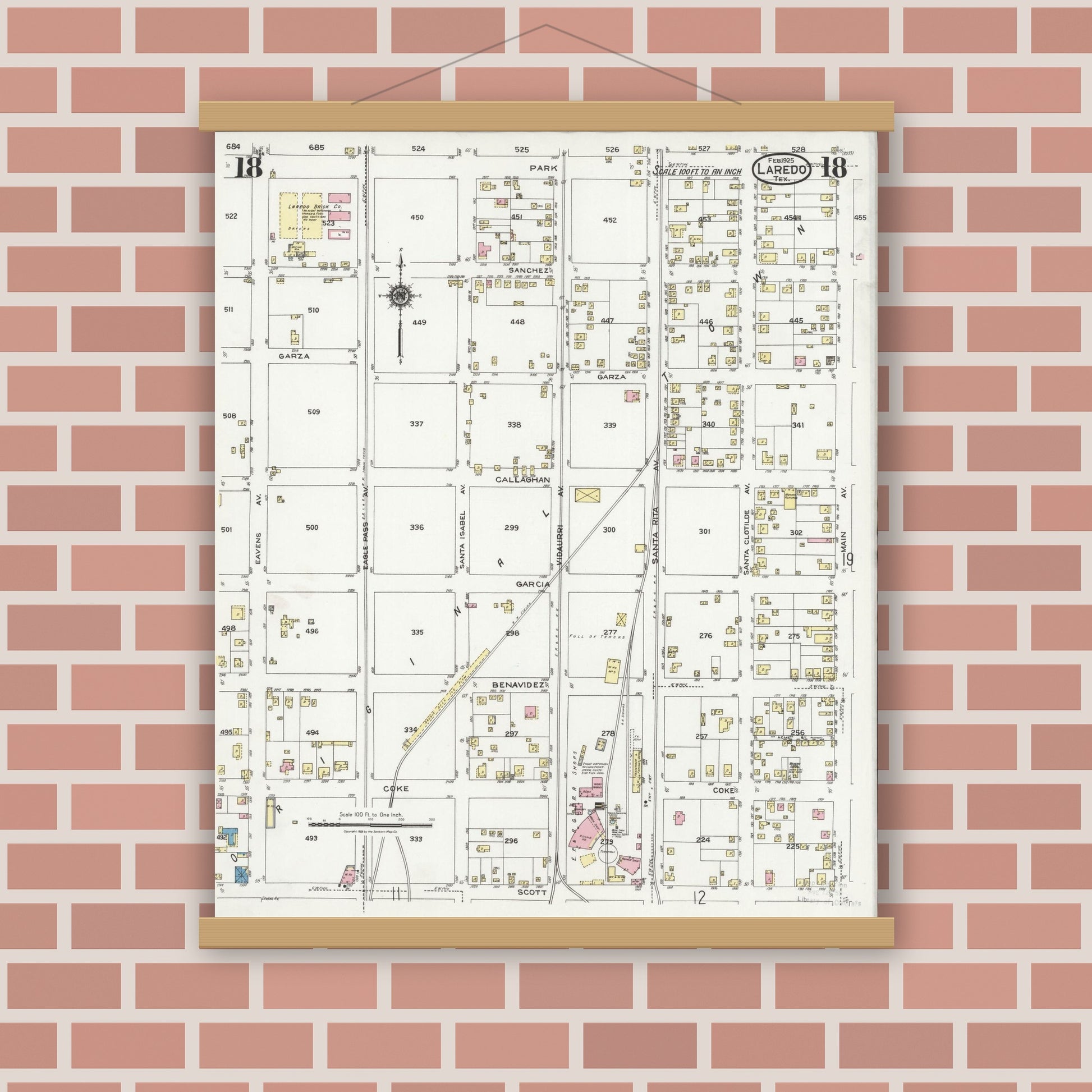 Old map wall art mockup — magnetic wood frame on brick wall — Sanborn Fire Insurance Map from Laredo, Webb County, Texas (1925), Sheet #0018