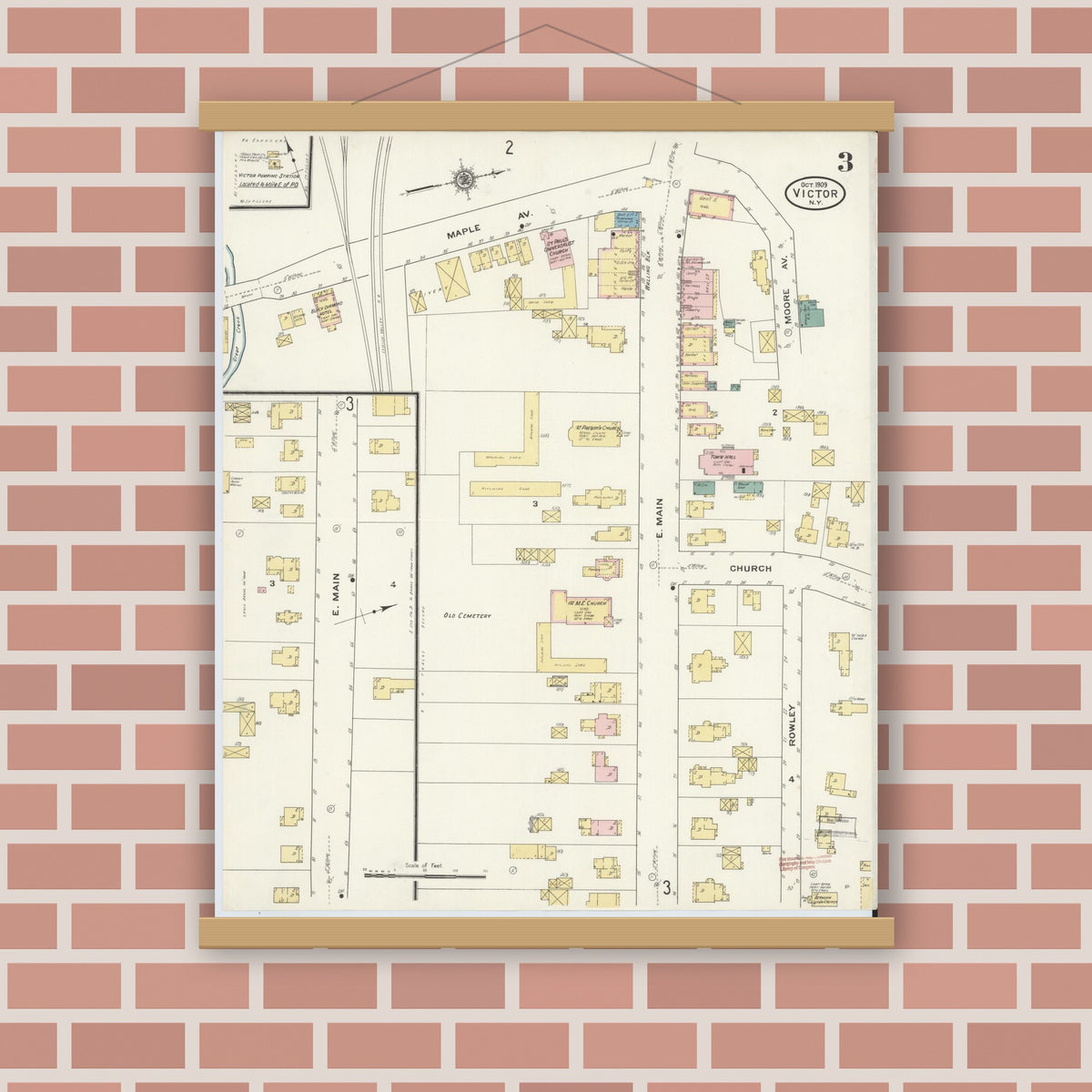 Old map wall art mockup — magnetic wood frame on brick wall — Sanborn Fire Insurance Map from Victor, Ontario County, New York (1909), Sheet #0003