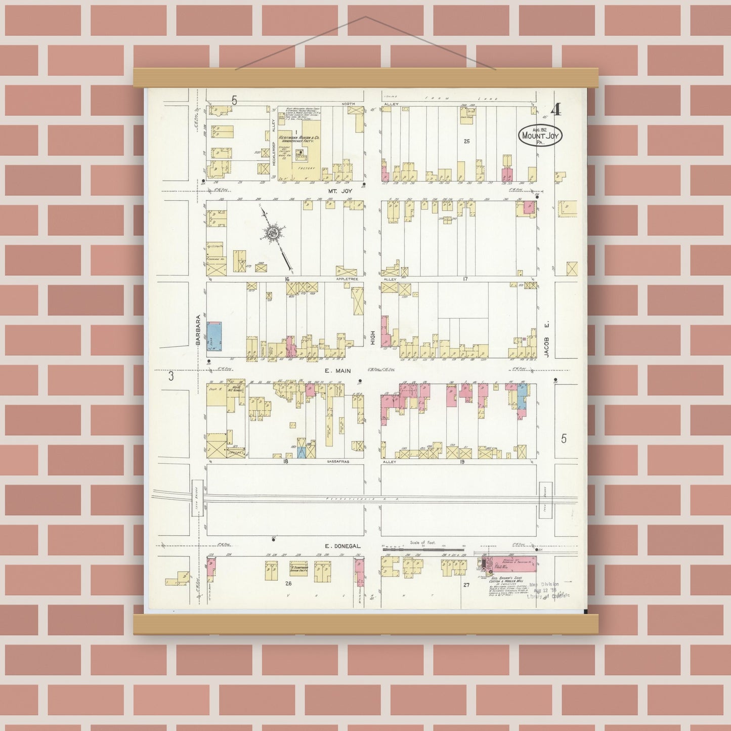 Old map wall art mockup — magnetic wood frame on brick wall — Sanborn Fire Insurance Map from Mount Joy, Lancaster County, Pennsylvania (1912), Sheet #0004