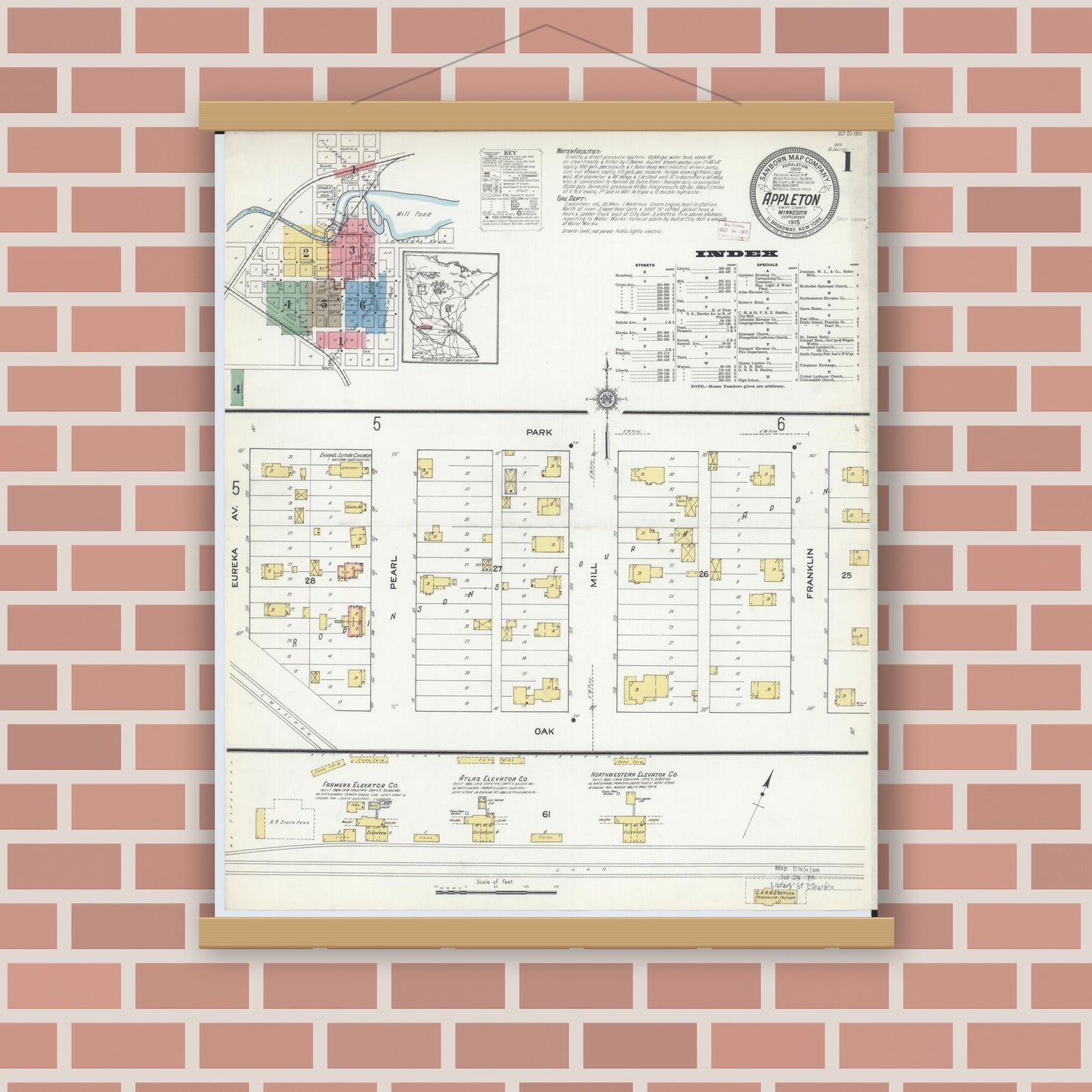 Old map wall art mockup — magnetic wood frame on brick wall — Sanborn Fire Insurance Map from Appleton, Swift County, Minnesota (1915) - Complete Map Set